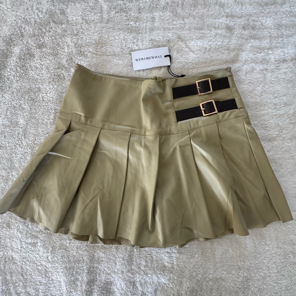 We wore what. New with tags! Tan Pleated Mini Skater Skirt for Casual Occasions